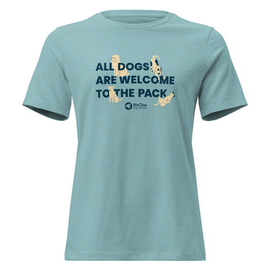 All Dogs Welcome women’s t-shirt in blue, front view with bold dog lover graphic