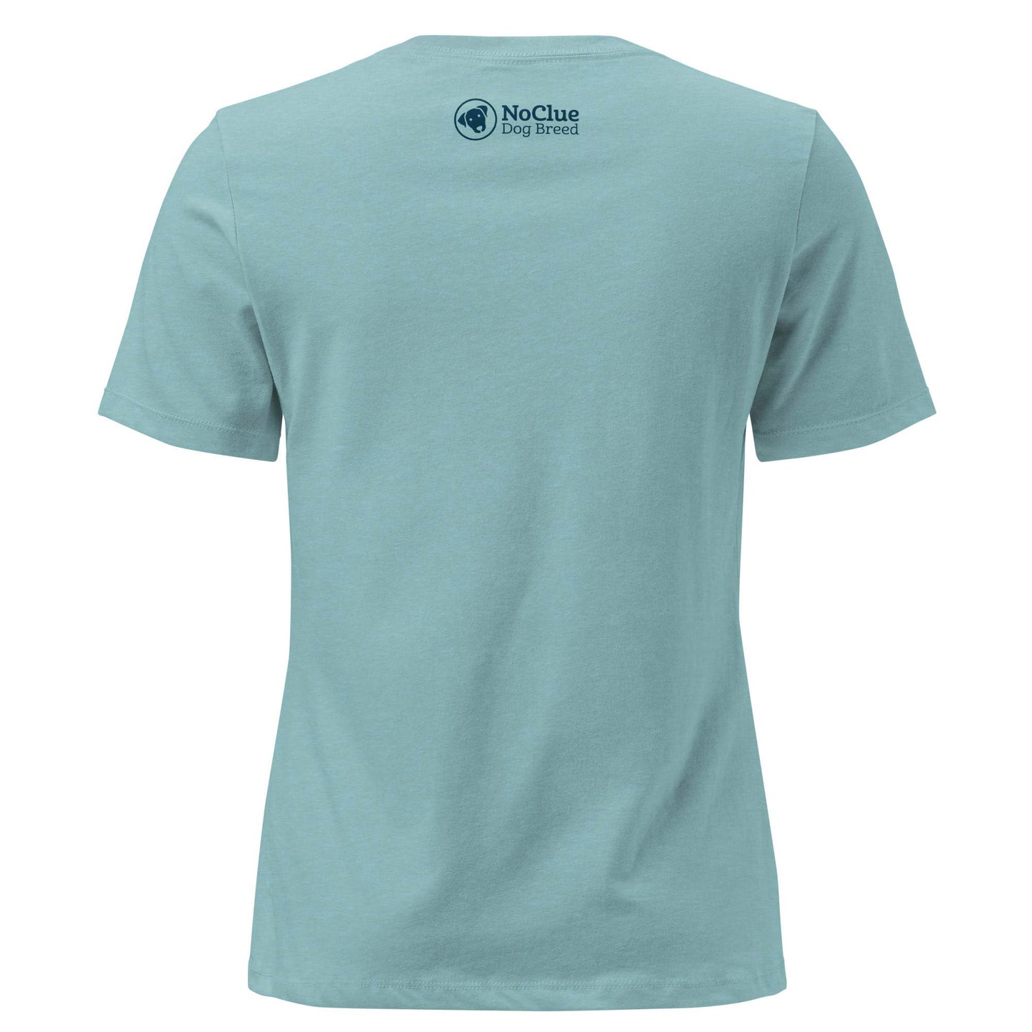 All Dogs Welcome women’s t-shirt in blue, back view with bold rescue dog lover graphic