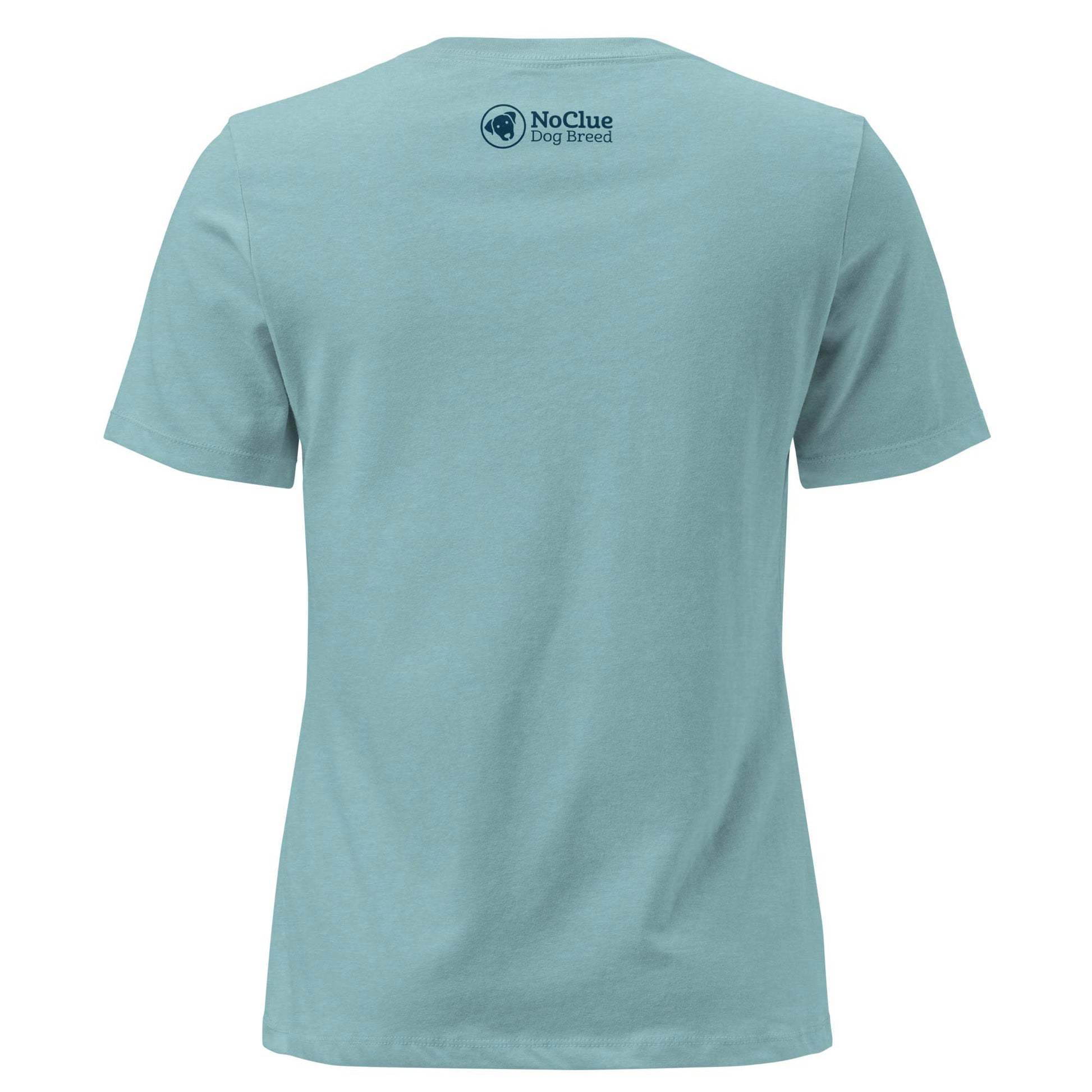 All Dogs Welcome women’s t-shirt in blue, back view with bold rescue dog lover graphic