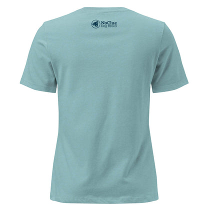 All Dogs Welcome women’s t-shirt in blue, back view with bold rescue dog lover graphic