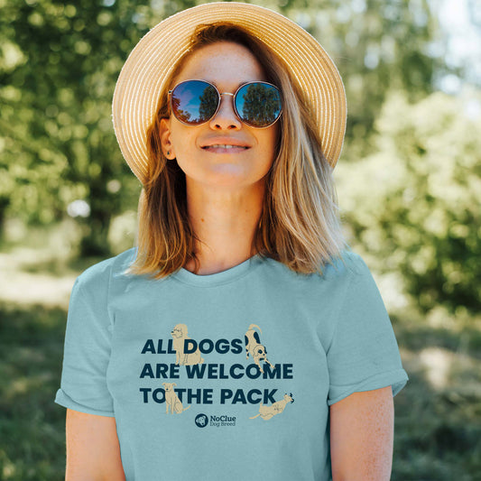 Woman wearing blue All Dogs Welcome t-shirt, soft relaxed fit, for dog lovers and rescue supporters