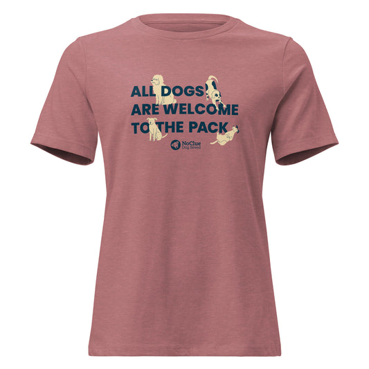 front view of mauve All Dogs Welcome women’s t-shirt, relaxed fit cotton blend
